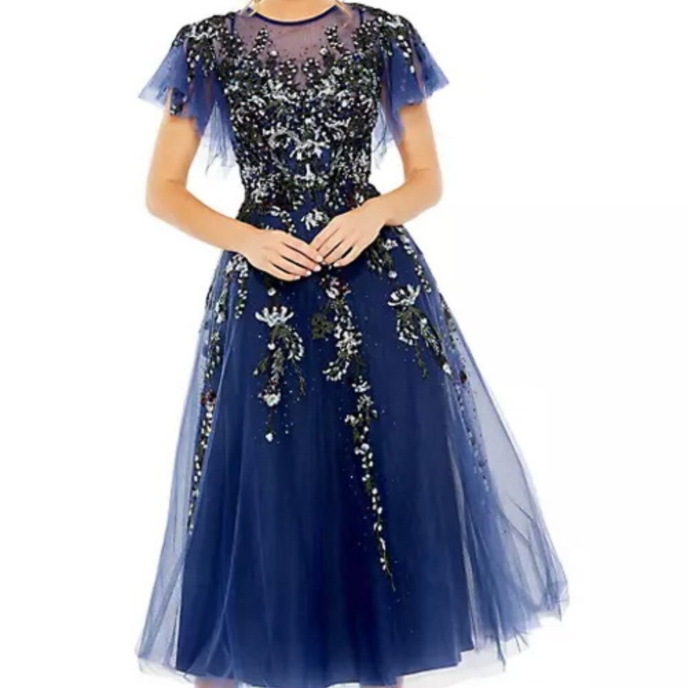 Mac Duggal Midnight Blue Embellished Flutter Sleeve Midi Cocktail Dress